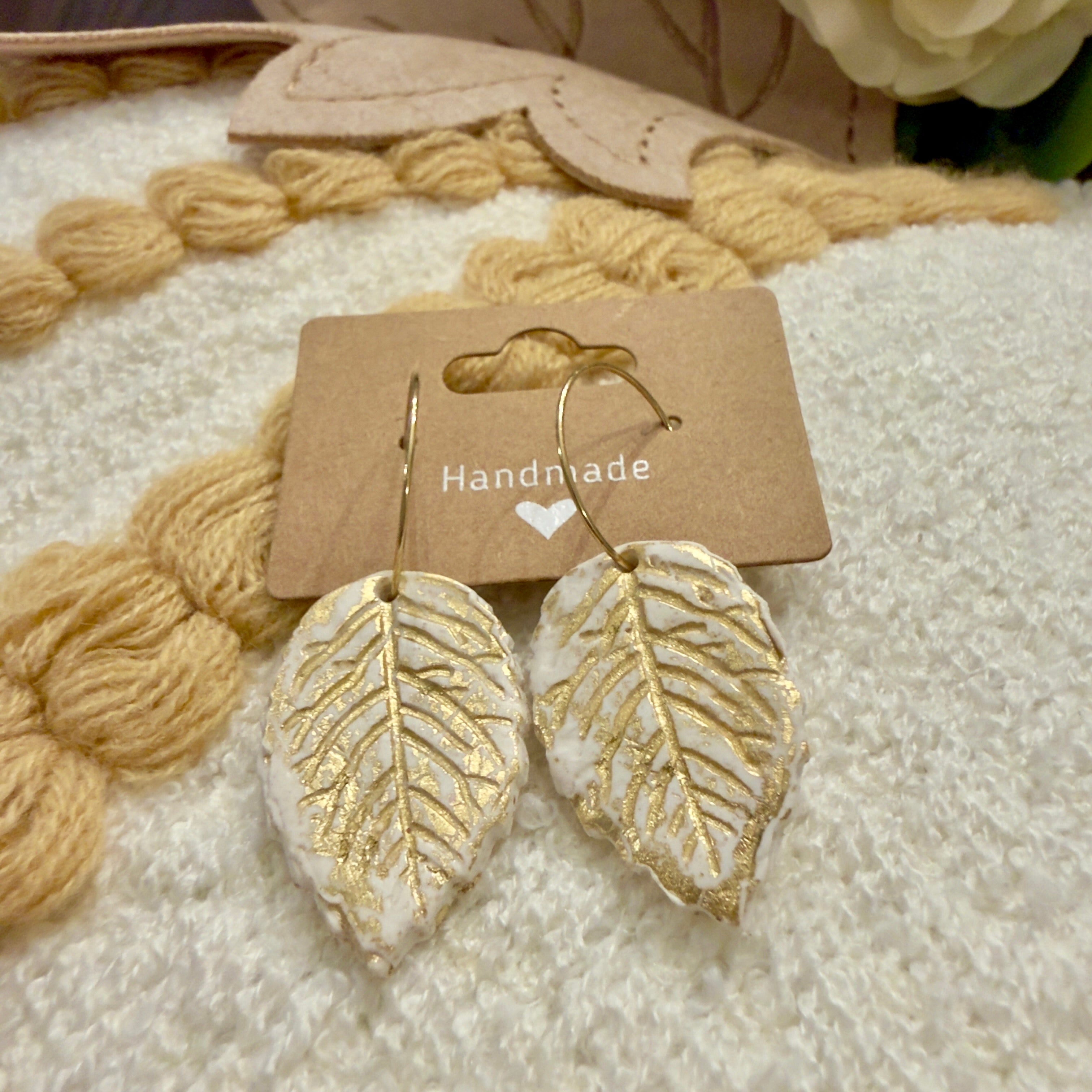 Gold & White Leaf Earrings | Nature-Inspired Polymer Clay Jewelry
