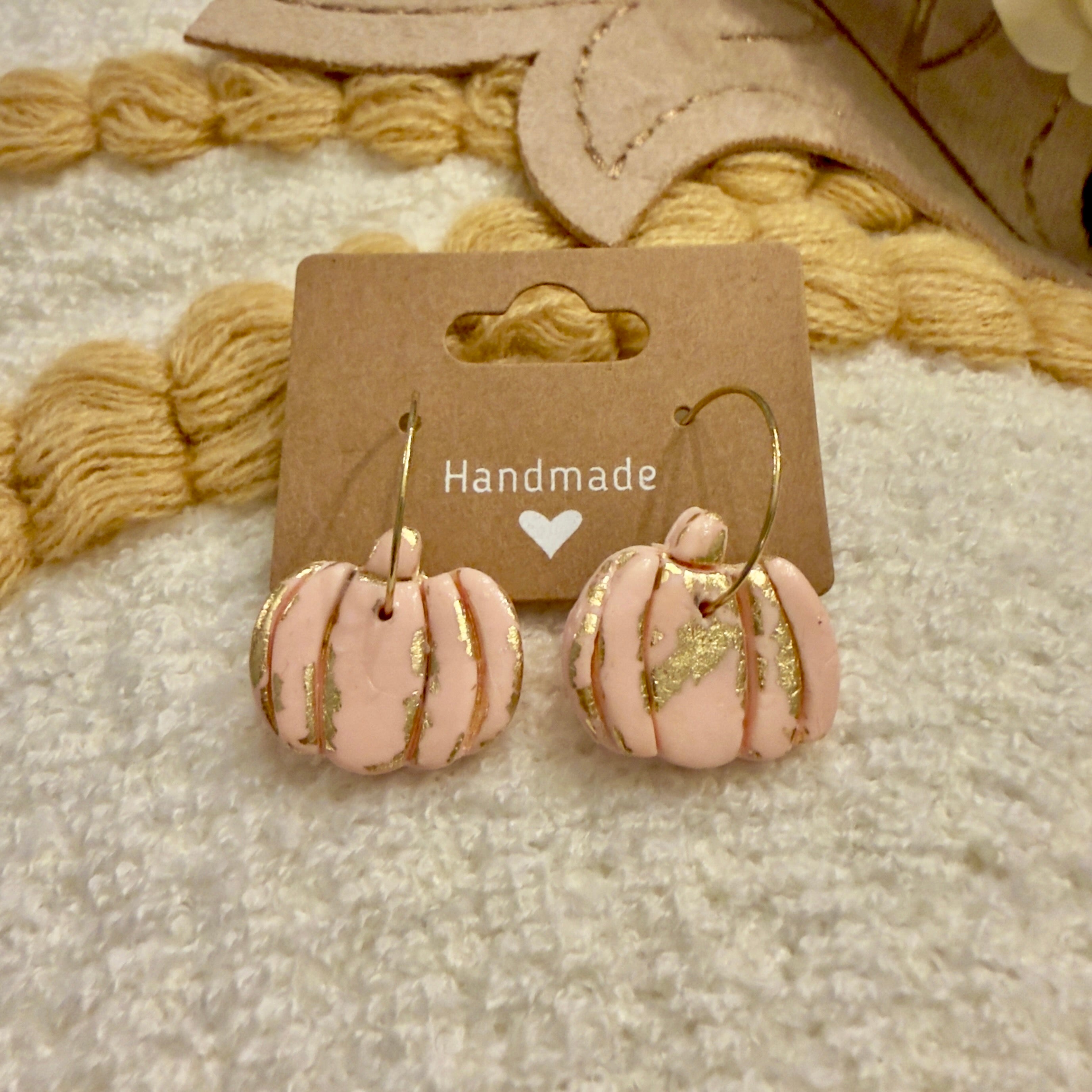 Blush Pink Pumpkin Earrings | Polymer Clay & Gold Foil Handmade Jewelry