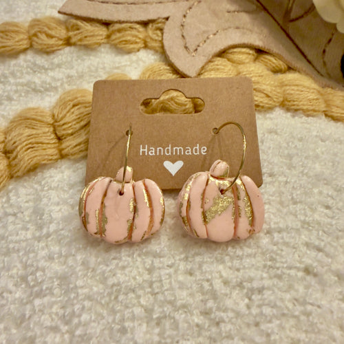 Blush Pink Pumpkin Earrings | Polymer Clay & Gold Foil Handmade Jewelry