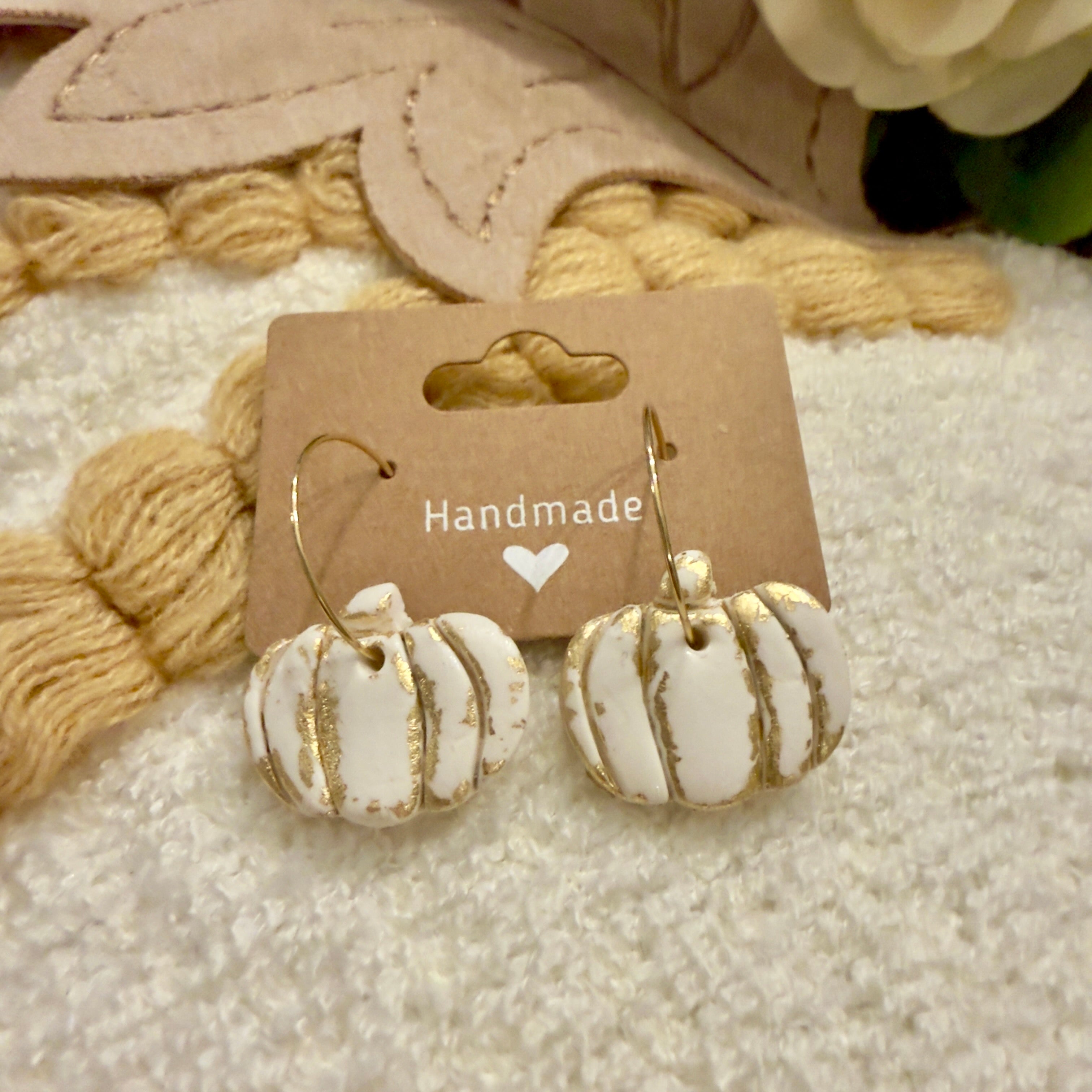 White Pumpkin Earrings – Polymer Clay with Gold Leaf